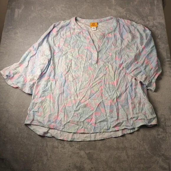 Ruby Rd. Blouse Womens XL Pink Paisley Henley 3/4 Sleeve Tunic Top Lightweight - Picture 1 of 10